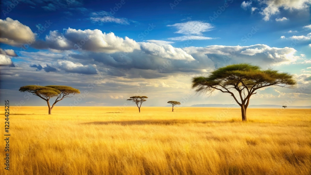 Golden grasslands with acacia trees stretching towards the horizon, natural beauty, sunlit savannah, golden grass Golden grasslands with acacia trees stretching towards the horizon, natural beauty, sunlit savannah, golden grass