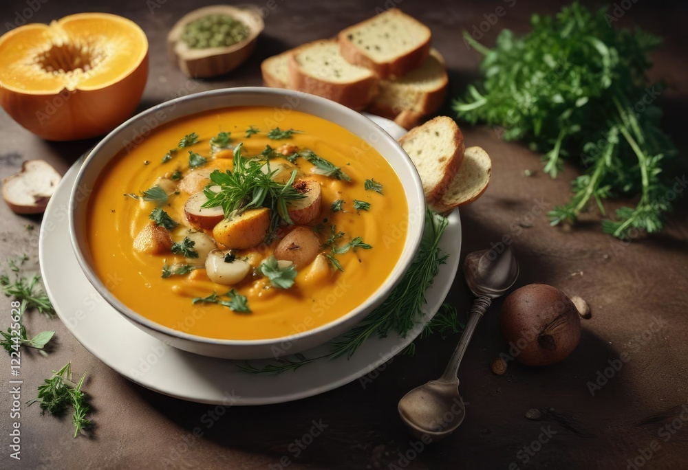 Golden roasted pumpkin and potato soup garnished with fresh herbs, golden, Golden roasted pumpkin and potato soup garnished with fresh herbs, golden,