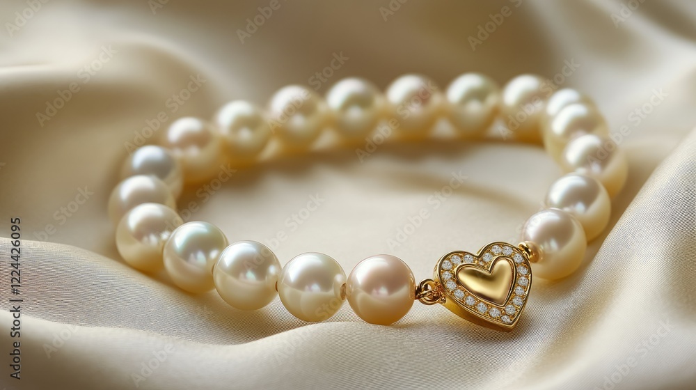 Elegant Pearl Bracelet with Heart Charm on Satin Background Elegant Pearl Bracelet with Heart Charm on Satin Background