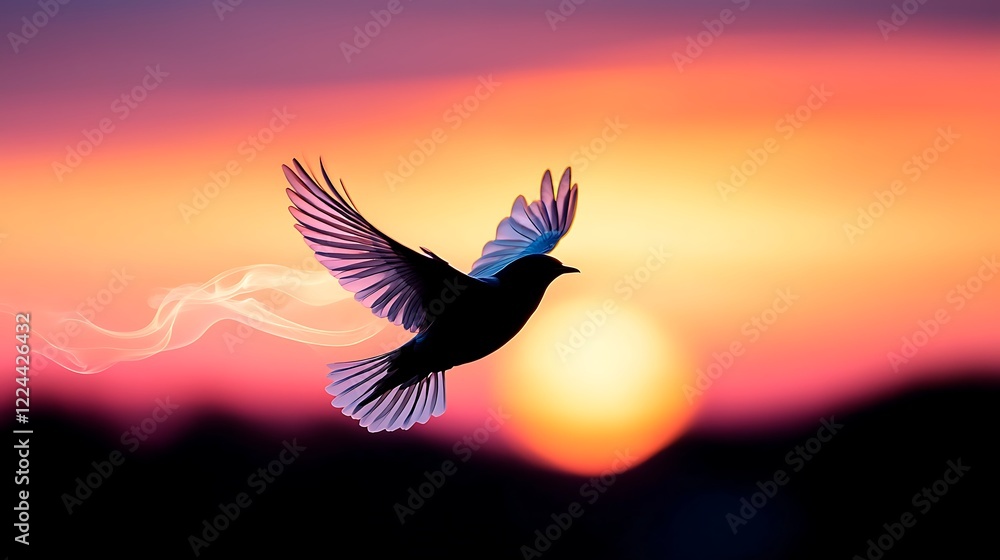 Fototapeta premium Silhouette Of A Bird In Flight At Sunset, Digital Art