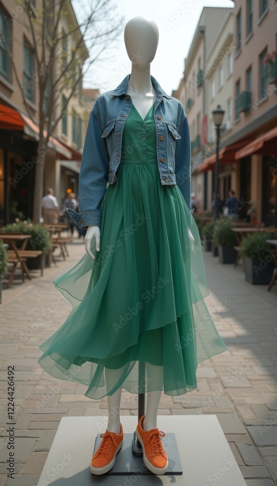 Naklejka premium Green dress with denim jacket on mannequin in city street