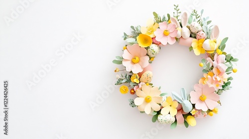 Elegant Easter Floral Wreath with Pastel Bunnies and Eggs photo