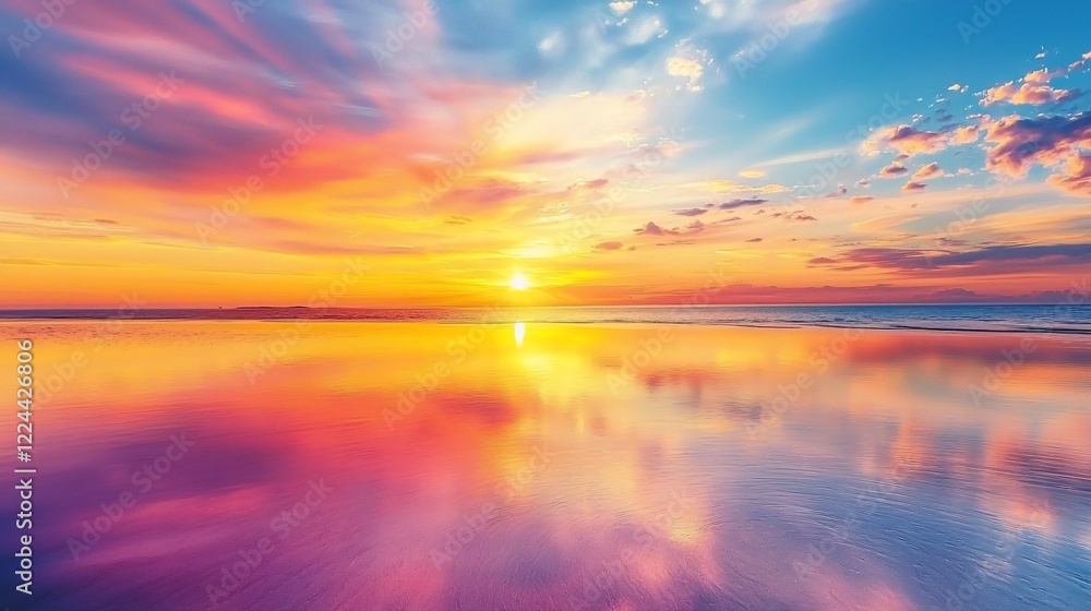 Fototapeta premium Vibrant sunset over a tranquil ocean reflecting colorful clouds and serene waves, creating a peaceful atmosphere