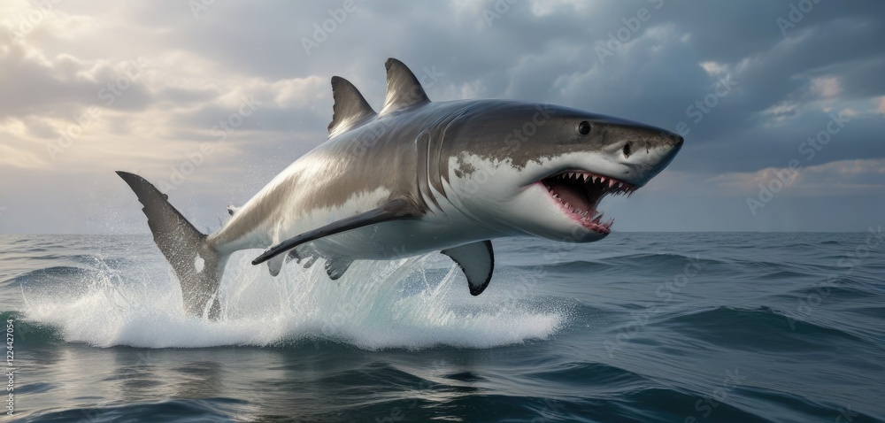 Naklejka premium Great White Shark breaching the surface with a massive splash, marine life, creature