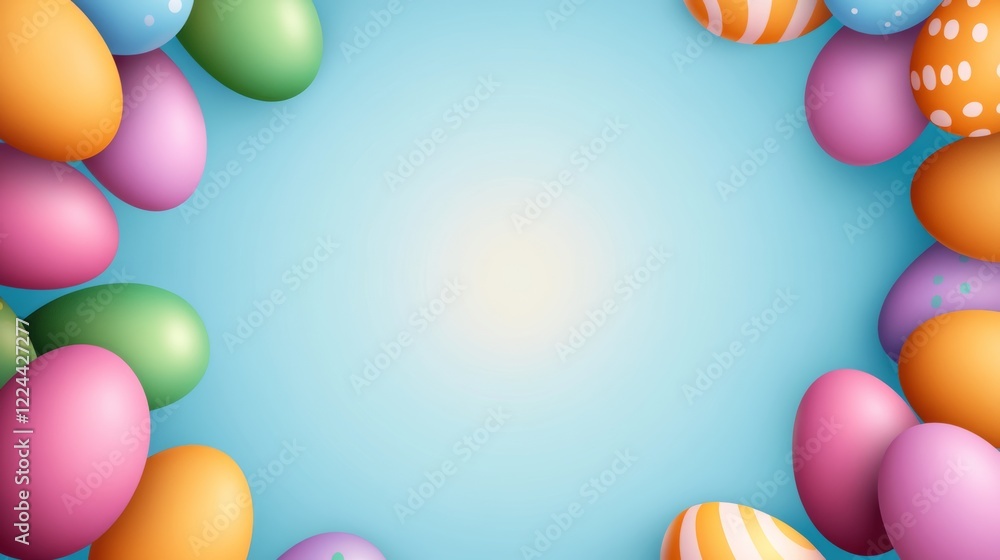 Colorful egg pattern with a blue background. The eggs are in various colors and sizes, and they are arranged in a circle. Scene is cheerful and playful Colorful egg pattern with a blue background. The eggs are in various colors and sizes, and they are arranged in a circle. Scene is cheerful and playful