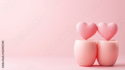 Two pink hearts atop pastel cups, pink background; Valentine's Day card