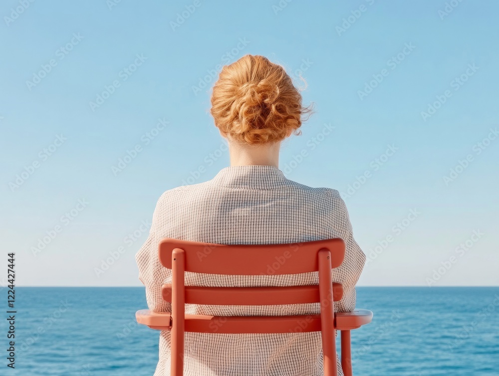 Fototapeta premium Scenic Coastal Solitude Young Woman in Chic Linen Overlooking Ocean on Coral Chair - Contemporary Travel Imagery and Lifestyle Branding for Leisure and Wellness Industry