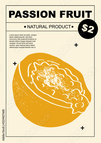 Passion fruit. Set of posters of fruits and citrus in a abstract draw design. Label or poster, price tag. Simple, flat design. Patterns and backgrounds. Perfect for poster, cover, banner.