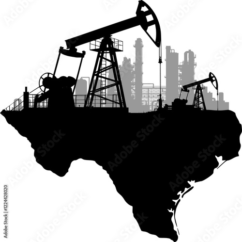 Abstrakte und kreative Vektor Silhouette Landkarte Texas USA mit Ölpumpen und Industrie - Prozessindustrie und Ölindustrie - Ölförderung in Amerika