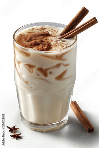 Ultra realistic horchata served with decorative cinnamon on a white background in stunning clarity
