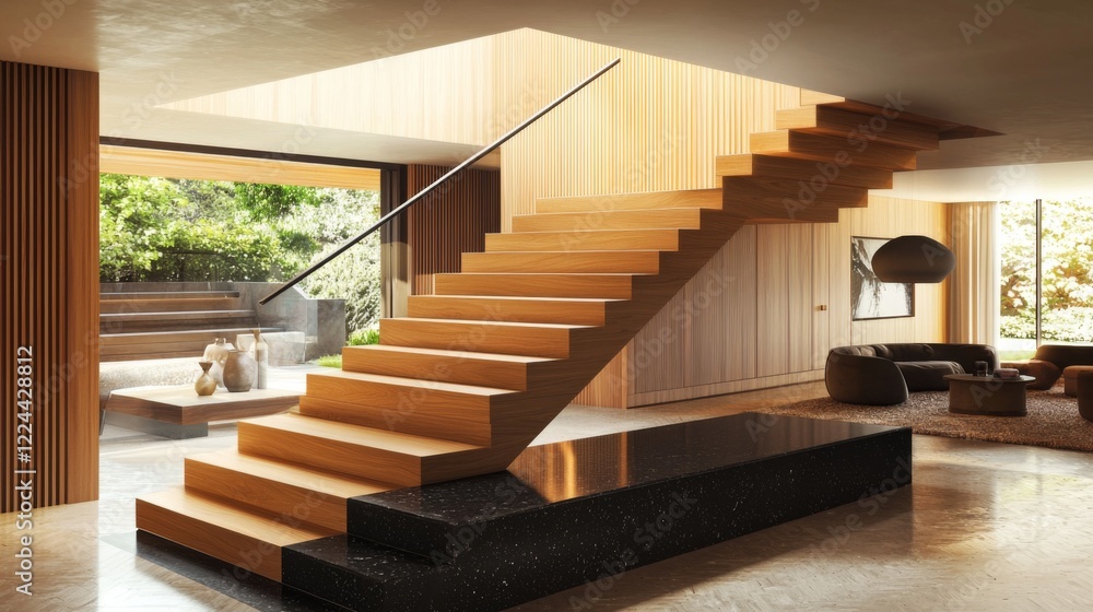 Obraz premium elegant L-shaped cantilever stair featuring smooth wooden steps that appear to float above a luxurious black granite base, surrounded by contemporary decor
