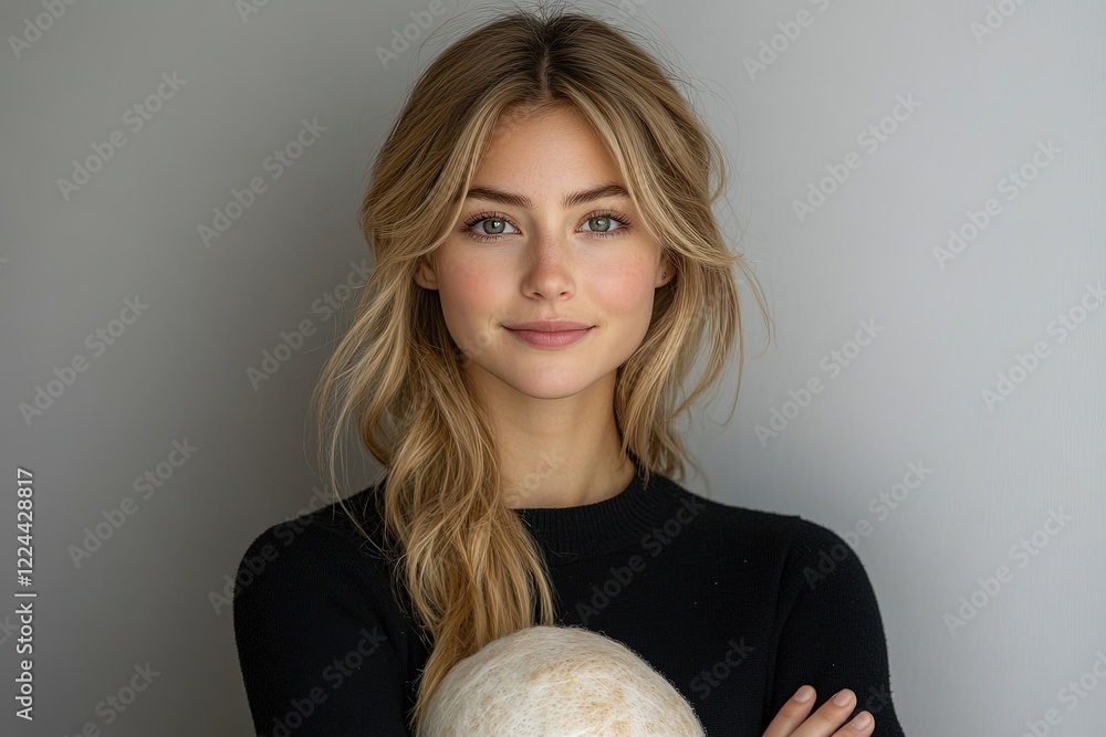 Young woman with long hair holding a small pet in a minimalistic indoor setting, soft lighting enhances the mood Young woman with long hair holding a small pet in a minimalistic indoor setting, soft lighting enhances the mood