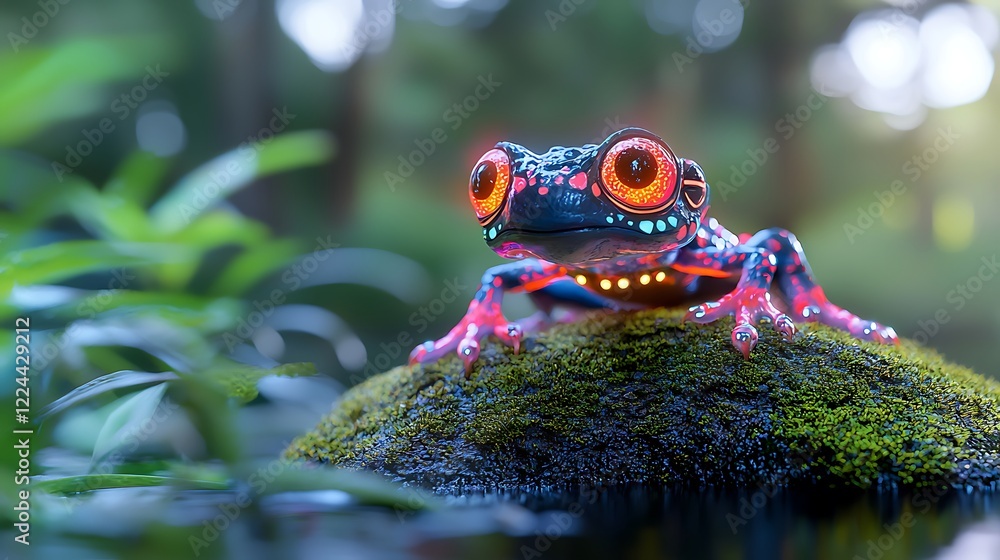 Glowing Frog in Pixel Art Style Amid Lush Tropical Foliage Glowing Frog in Pixel Art Style Amid Lush Tropical Foliage