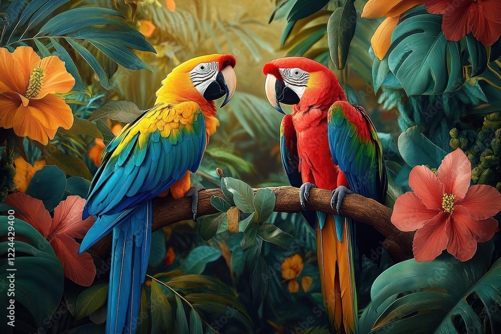 Obraz premium Tropical Rainforest Scene with Colorful Macaws Perched on Branch Surrounded by Exotic Foliage and Blooms
