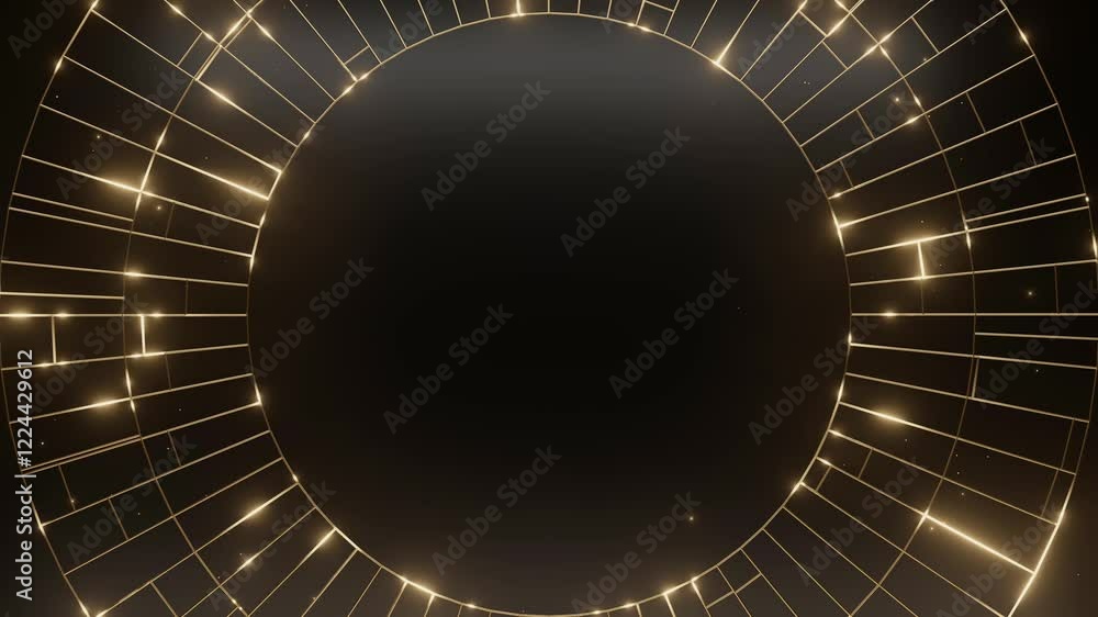 A sophisticated luxury background featuring a glowing circular gold frame with geometric lines on a dark surface, leaving elegant space for text or design elements.