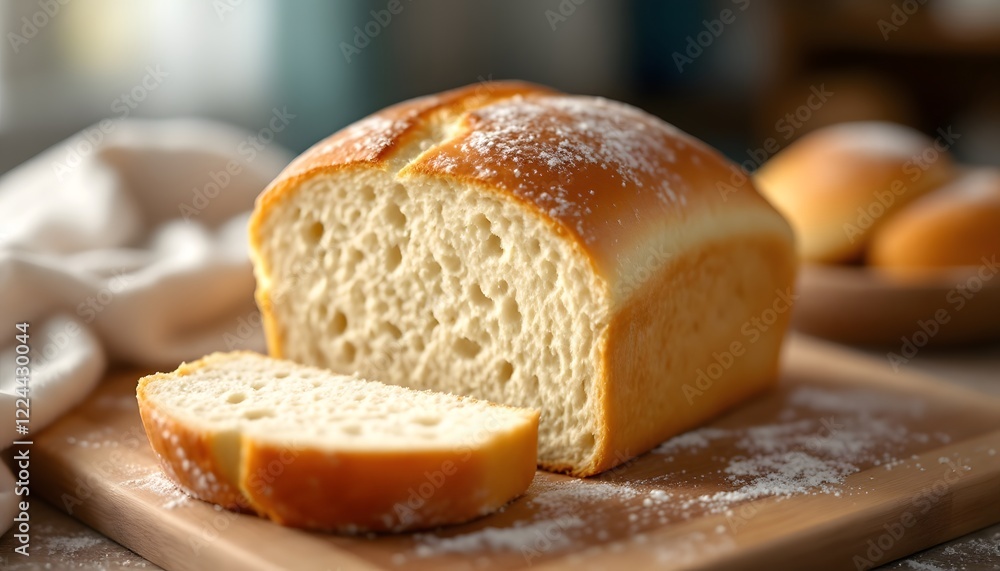 Capture a hyper-realistic 8k image of a freshly baked loaf of white bread sitting on a wooden cutting board, lightly dusted with flour. The bread should have a perfect, golden-brown crust wi Capture a hyper-realistic 8k image of a freshly baked loaf of white bread sitting on a wooden cutting board, lightly dusted with flour. The bread should have a perfect, golden-brown crust wi