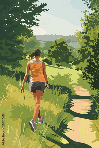 Woman walking and exercising on a nature trail during a serene summer day