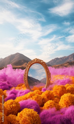 Vibrant Holi Festive Dream Floating Indian Mirror in Color-Infused Sky - Spring Celebration Decor and Event Planning for Modern Cultural Festivals photo