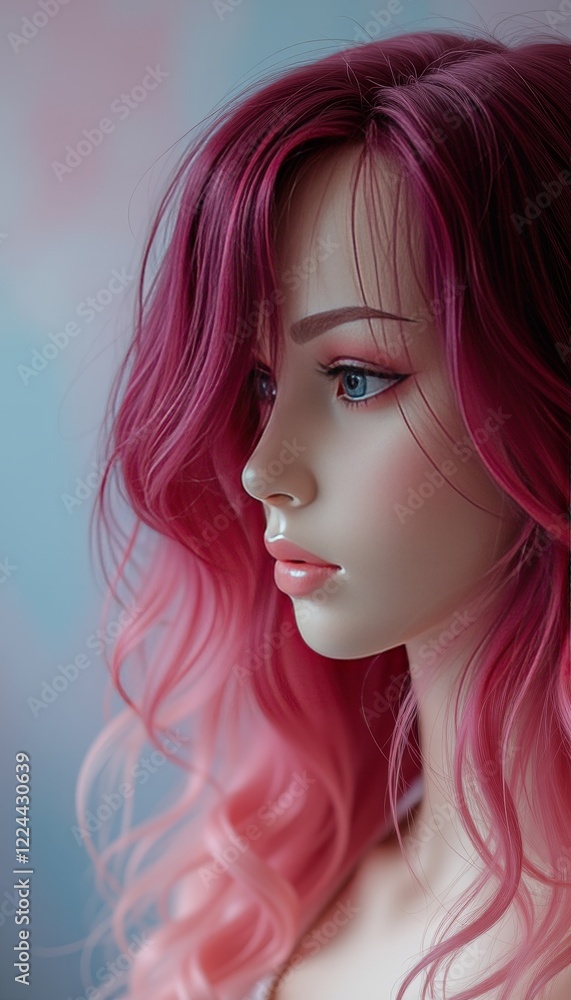 Fototapeta premium Pink ombre wavy hair mannequin in artistic close-up