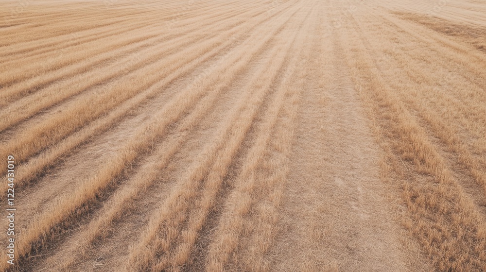 Aerial view of harvested wheat field, showing parallel lines from harvesting machinery. Aerial view of harvested wheat field, showing parallel lines from harvesting machinery.