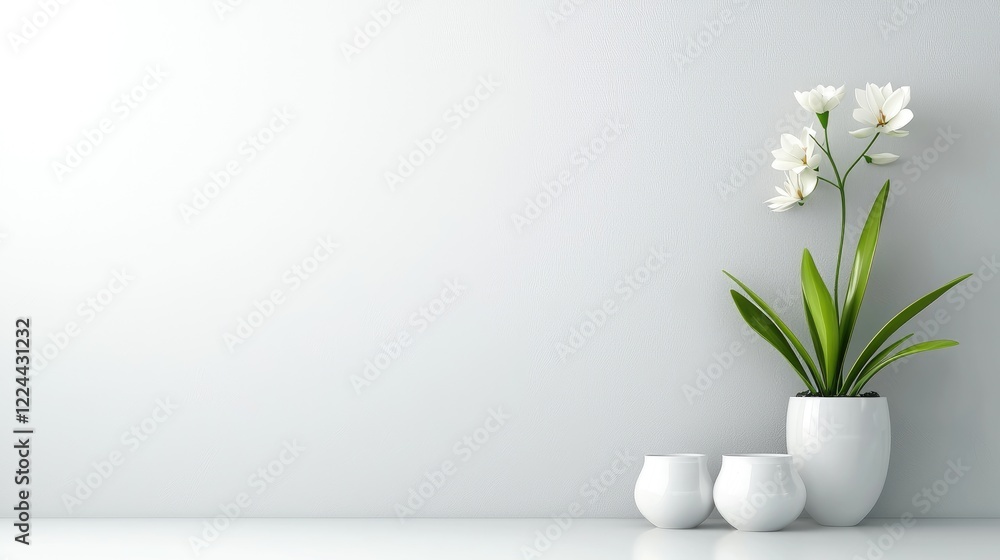White orchid in pot, minimalist interior design, calm background White orchid in pot, minimalist interior design, calm background