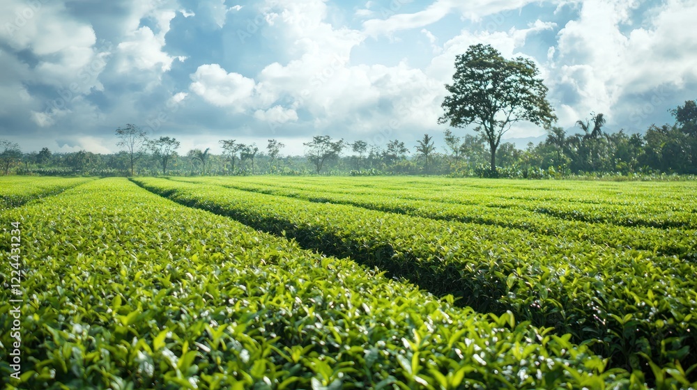 Serene Tea Plantation under a Cloudy Sky Serene Tea Plantation under a Cloudy Sky