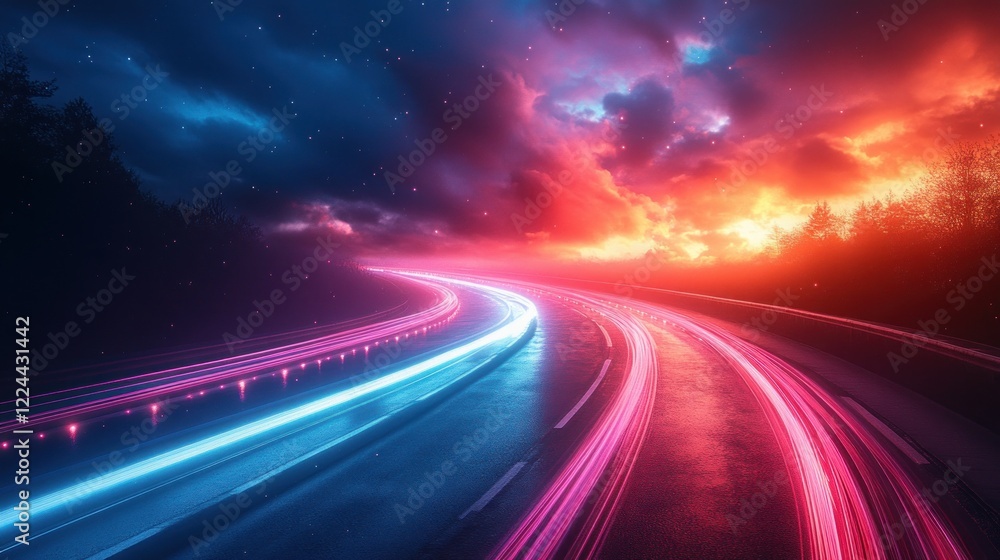 Futuristic Highway Racing with Neon Lights and Dynamic Motion in a Sci-Fi Environment Futuristic Highway Racing with Neon Lights and Dynamic Motion in a Sci-Fi Environment
