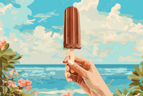 Woman's Hand Holding Chocolate Popsicle Against Scenic Nature Backdrop