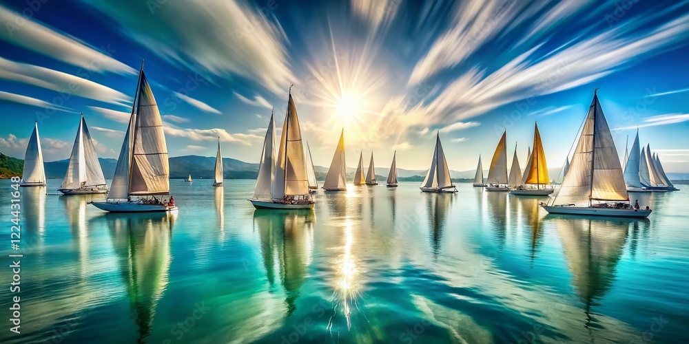 Fototapeta premium Azure Regatta: Long Exposure Sailboat Race Photography