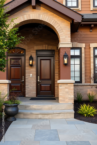 Elegant Brick House Exterior with Modern Design and Landscaping. Beautiful curb appeal with a welcoming entrance and charming walkway. photo