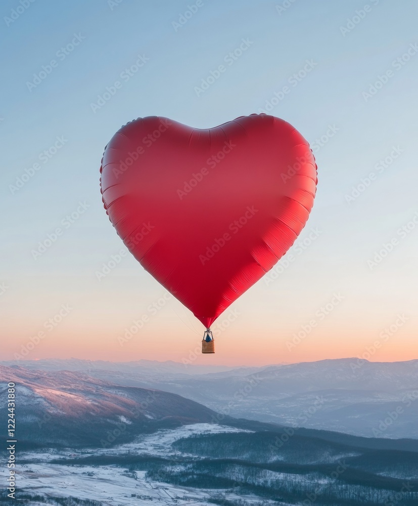 Fototapeta premium Contemporary Romance Aesthetics Heart-Shaped Balloon Over Snowy Hills - Valentines and Lunar New Year Marketing for Luxe Event Styling and Scenic Wedding