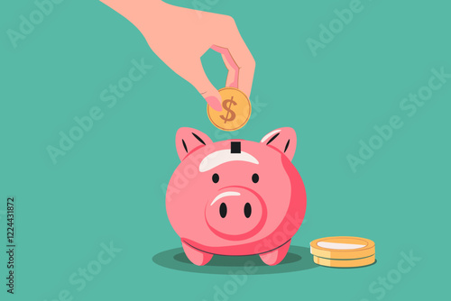 Woman's hand inserting coin into a piggy bank for savings and financial planning