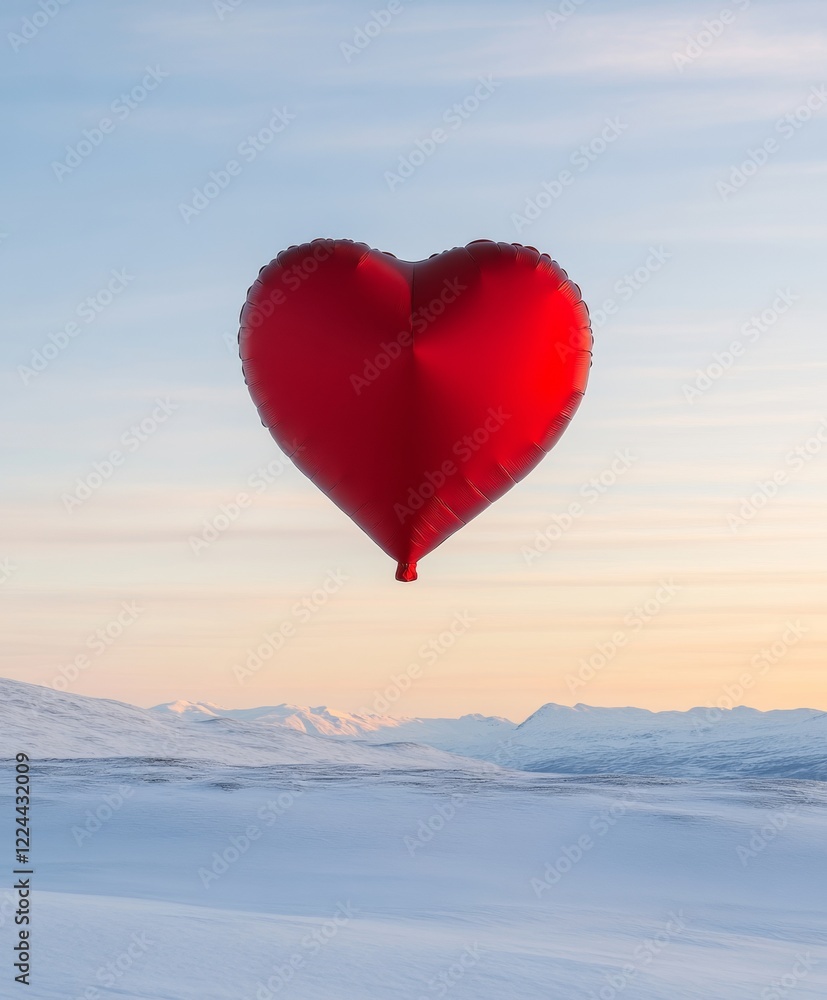 Fototapeta premium Valentines Day Aesthetic Giant Heart Balloon Over Snowy Hills at Sunset - Romantic Winter Scenic for Event Marketing and Digital Storytelling