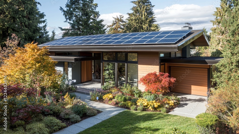 modern home with a stylish roof adorned with solar panels, surrounded by vibrant gardens and a serene outdoor space, emphasizing eco-friendly living modern home with a stylish roof adorned with solar panels, surrounded by vibrant gardens and a serene outdoor space, emphasizing eco-friendly living