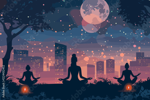 Women Meditating Under Illuminated Urban Night Sky, Rays of Light