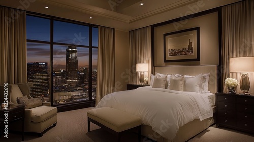 Lavish master bedroom at night with king-sized bed and city view through large windows