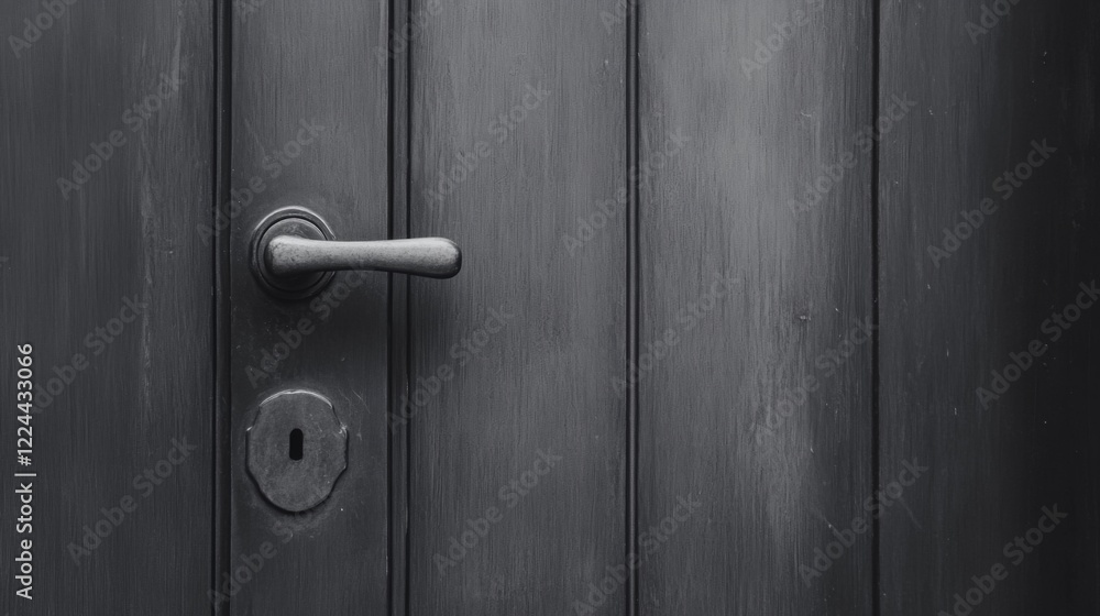 Fototapeta premium Close-up of a dark wooden door with a silver handle and keyhole.