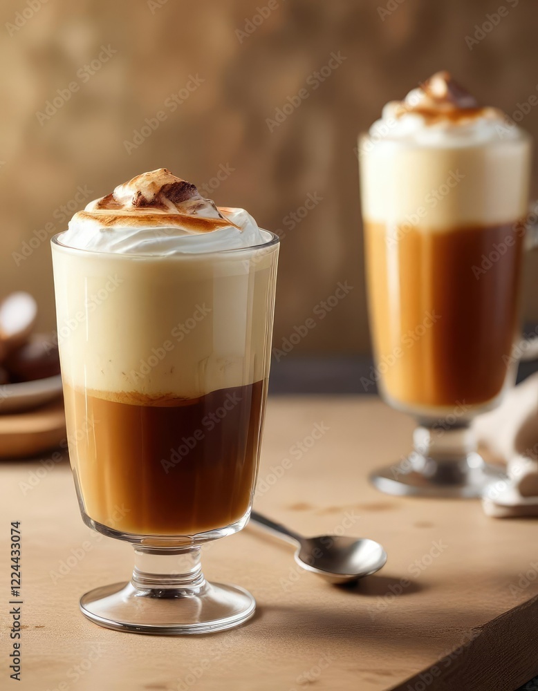 Glass filled with a rich and creamy dalgona coffee drink , satisfying, comforting Glass filled with a rich and creamy dalgona coffee drink , satisfying, comforting