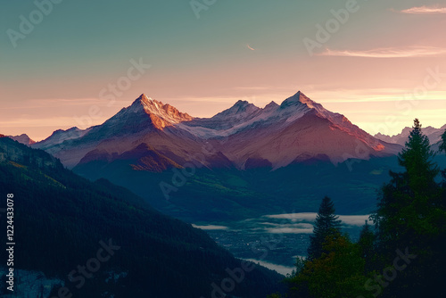 A breathtaking sunrise in the Swiss Alps. The warm light of the rising sun illuminates the snow-capped peaks, creating a mesmerizing view of these majestic mountains. A landscape that inspires and cap photo