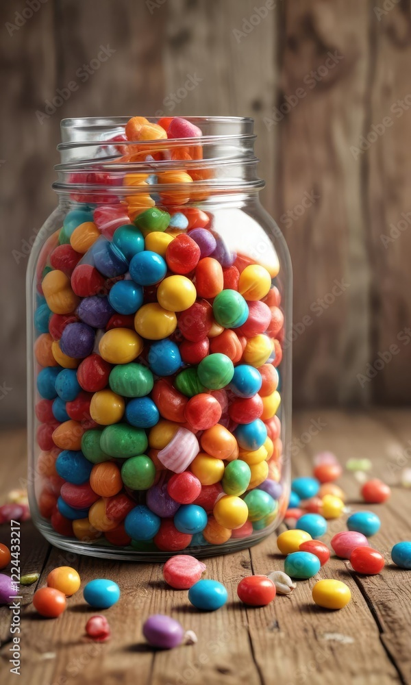 Glass jar filled with colorful candy pieces and lollipops on a wooden table background, glass jars, edible treats Glass jar filled with colorful candy pieces and lollipops on a wooden table background, glass jars, edible treats