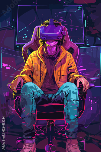 Young gamer immersed in virtual reality, wearing VR goggles and headset, playing an action-packed shooter game in a neon-lit room