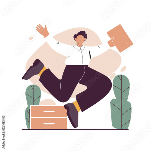 Happy business employees - character of a men jumping in the air cheerfully. Modern flat vector concept illustration of a happy jumping office workers. Feeling and emotion concept.