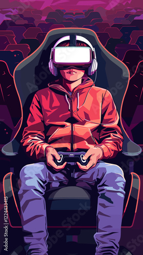 Young gamer immersed in VR gaming, wearing headset, neon-lit room, competitive eSports driving and shooting game experience