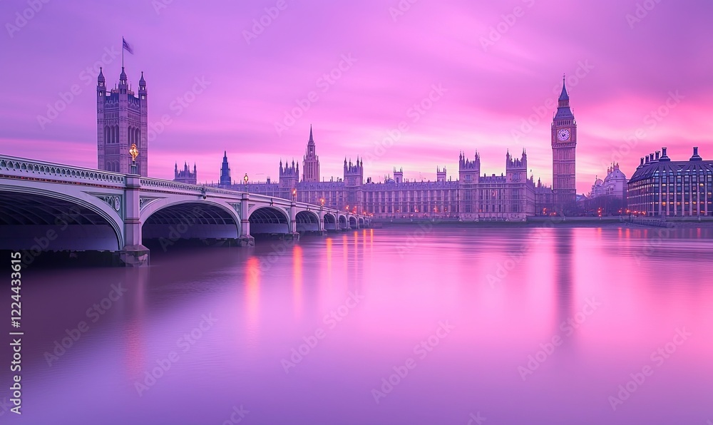 Naklejka premium Westminster Bridge and Big Ben at dawn, London UK. Serene cityscape, ideal for travel promotion