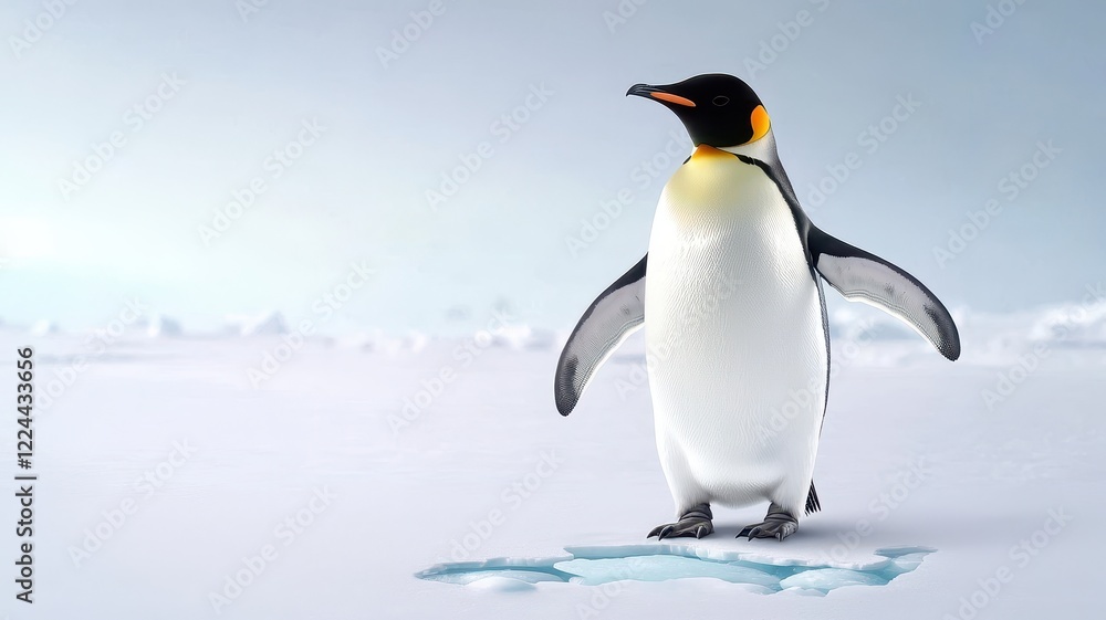 Fototapeta premium A solitary emperor penguin stands on icy terrain, showcasing its distinctive black and white plumage against a soft, cold backdrop.