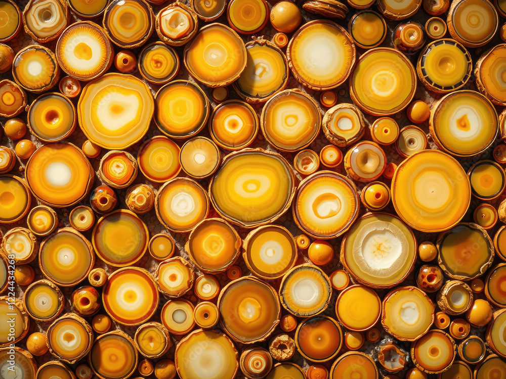 Glossy yellow and light brown agate circles set in a textured mosaic arrangement, glossy, yellow, agate, design Glossy yellow and light brown agate circles set in a textured mosaic arrangement, glossy, yellow, agate, design
