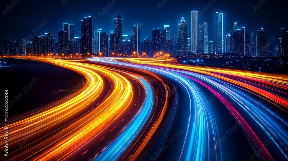 Fototapeta premium City skyline is lit up with neon lights, creating a vibrant and energetic atmosphere. The bright lights reflect off the cars on the highway, making the scene look like a colorful