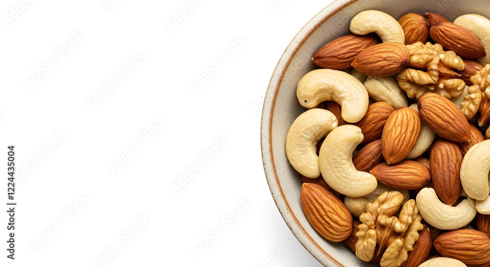 Bowl of Mixed Nuts on the Left with White Background for Text Space Bowl of Mixed Nuts on the Left with White Background for Text Space