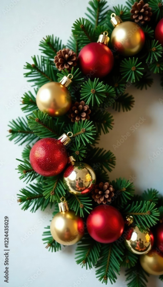 Gold and red glass balls adorned on a fir branch wreath, gold decorations, pinecone garland Gold and red glass balls adorned on a fir branch wreath, gold decorations, pinecone garland