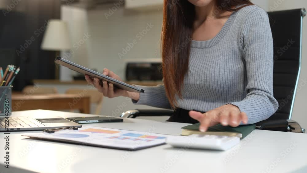 woman or financial data analysts working with smartphone and laptop computers and data graphs. woman or financial data analysts working with smartphone and laptop computers and data graphs.